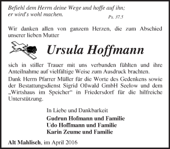 Traueranzeige von Ursula Hoffmann von Märkische Oderzeitung