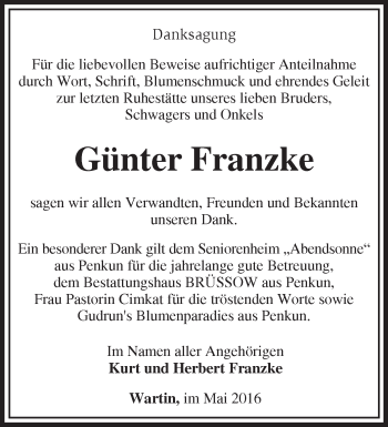 Traueranzeige von Günter Franzke von Märkische Oderzeitung