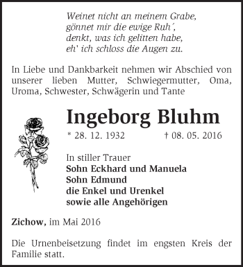 Traueranzeige von Ingeborg Bluhm von Märkische Oderzeitung