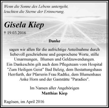 Traueranzeige von Gisela Kiep von Märkische Oderzeitung