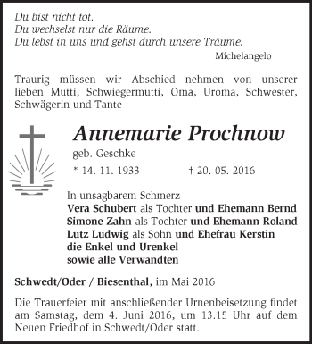 Traueranzeige von Annemarie Prochnow von Märkische Oderzeitung