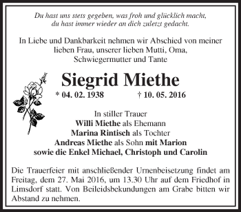 Traueranzeige von Siegrid Miethe von Märkische Oderzeitung