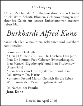 Traueranzeige von Burkhardt Alfred Kunz von Märkische Oderzeitung