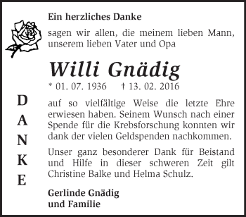 Traueranzeige von Willi Gnädig von Märkische Oderzeitung