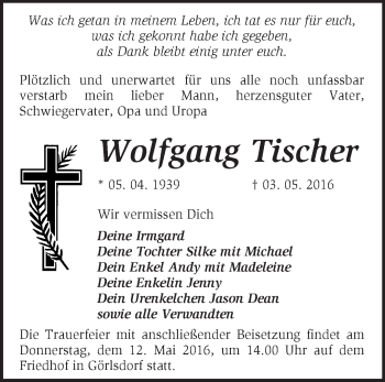 Traueranzeige von Wolfgang Tischer von Märkische Oderzeitung