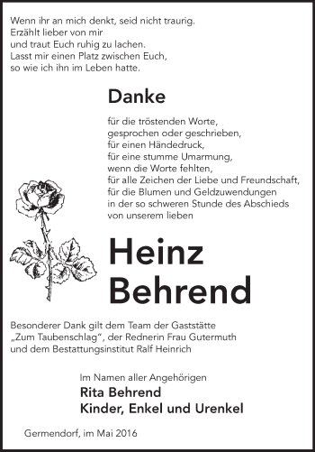 Traueranzeige von Heinz Behrend von Märkische Oderzeitung