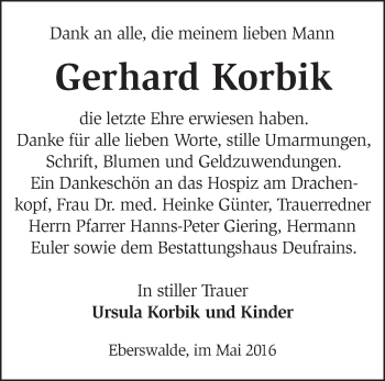 Traueranzeige von Gerhard Korbik von Märkische Oderzeitung