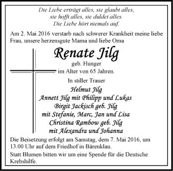 Traueranzeige von Renate Jilg von Märkische Oderzeitung