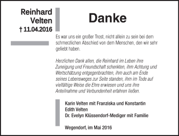 Traueranzeige von Reinhard Velten von Märkische Oderzeitung