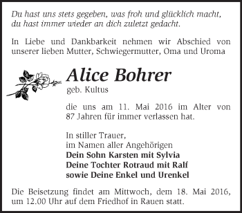 Traueranzeige von Alice Bohrer von Märkische Oderzeitung