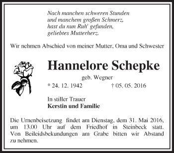 Traueranzeige von Hannelore Schepke von Märkische Oderzeitung