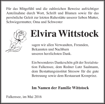 Traueranzeige von Elvira Wittstock von Märkische Oderzeitung