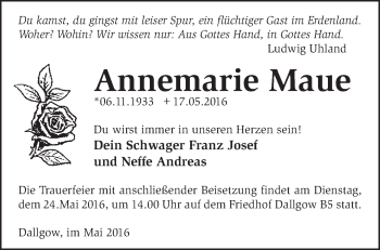 Traueranzeige von Annemarie Maue von Märkische Oderzeitung