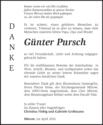 Traueranzeige von Günter Pursch von Märkische Oderzeitung