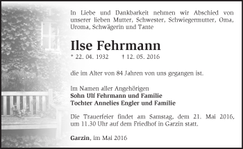 Traueranzeige von Ilse Fehrmann von Märkische Oderzeitung