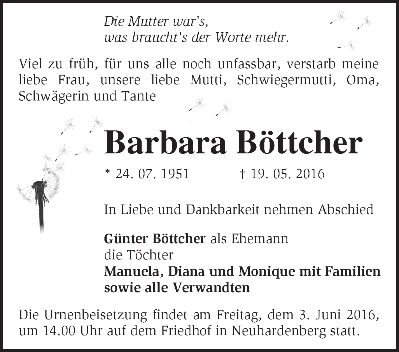  Traueranzeige für Barbara Böttcher vom 28.05.2016 aus Märkische Oderzeitung