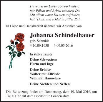 Traueranzeige von Johanna Schindelhauer von Märkische Oderzeitung