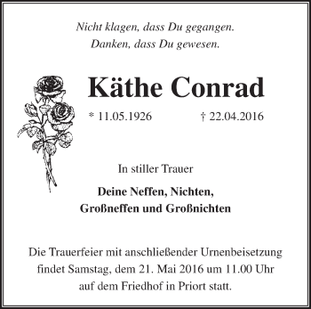 Traueranzeige von Käthe Conrad von Märkische Oderzeitung