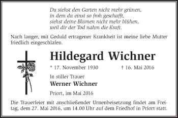 Traueranzeige von Hildegard Wichner von Märkische Oderzeitung