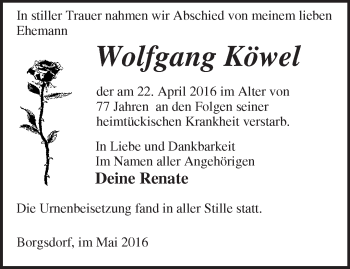 Traueranzeige von Wolfgang Köwel von Märkische Oderzeitung