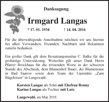 Traueranzeige von Irmgard Langas von Märkische Oderzeitung