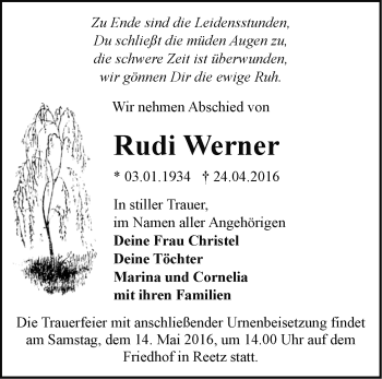 Traueranzeige von Rudi Werner von Märkische Oderzeitung