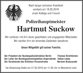 Traueranzeige von Hartmut Suckow von Märkische Oderzeitung