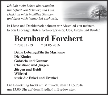 Traueranzeige von Bernhard Forchert von Märkische Oderzeitung