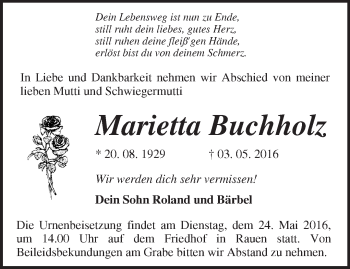 Traueranzeige von Marietta Buchholz von Märkische Oderzeitung