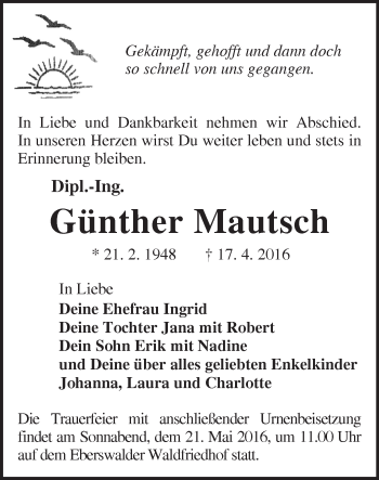 Traueranzeige von Günther Mautsch von Märkische Oderzeitung