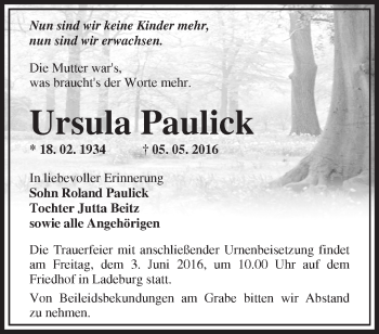 Traueranzeige von Ursula Paulick von Märkische Oderzeitung