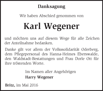 Traueranzeige von Karl Wegener von Märkische Oderzeitung