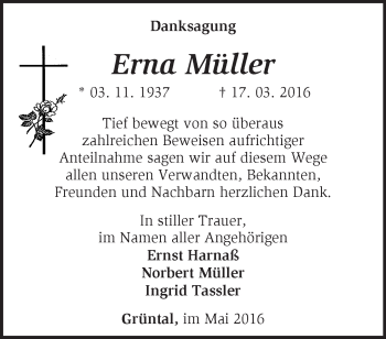 Traueranzeige von Erna Müller von Märkische Oderzeitung