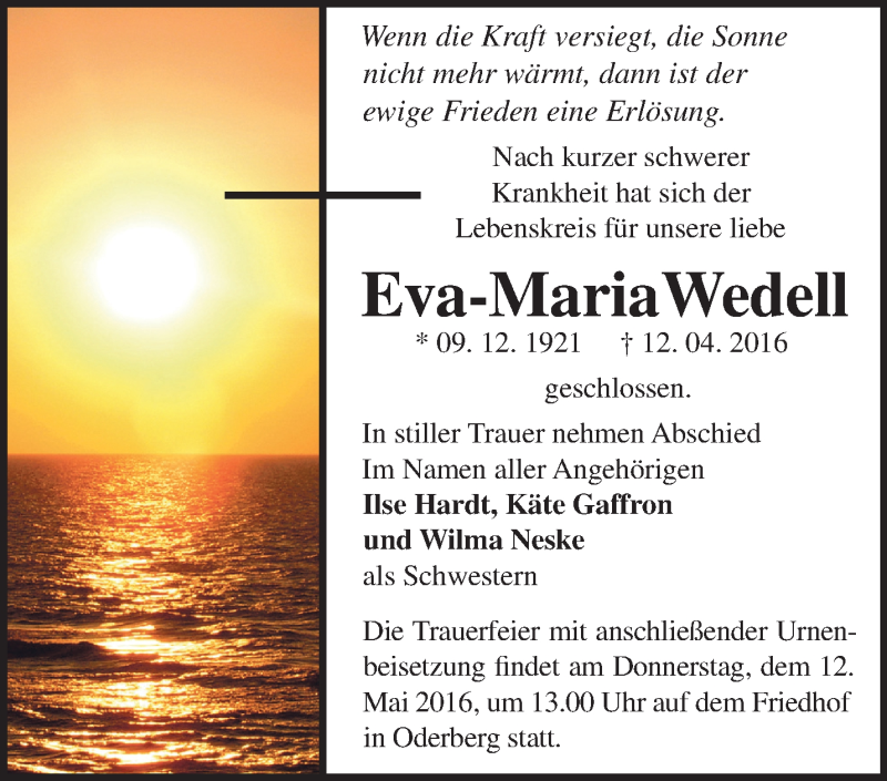  Traueranzeige für Eva-Maria Wedell vom 08.05.2016 aus Märkische Oderzeitung