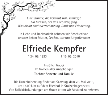 Traueranzeige von Elfriede Kempfer von Märkische Oderzeitung