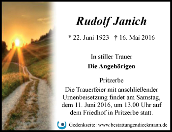 Traueranzeige von Rudolf Janich von Märkische Oderzeitung