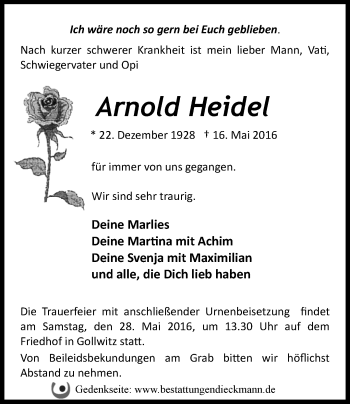 Traueranzeige von Arnold Heidel von Märkische Oderzeitung