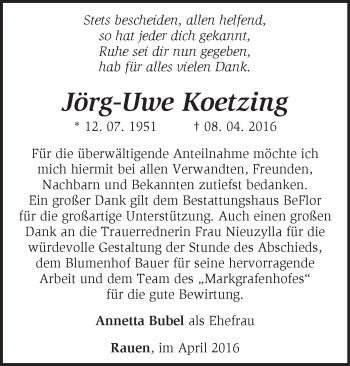 Traueranzeige von Jörg-Uwe Koetzing von Märkische Oderzeitung