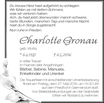 Traueranzeige von Charlotte Gronau von Märkische Oderzeitung