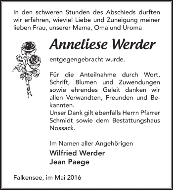 Traueranzeige von Anneliese Werder von Märkische Oderzeitung