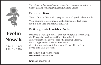 Traueranzeige von Evelin Nowak von Märkische Oderzeitung