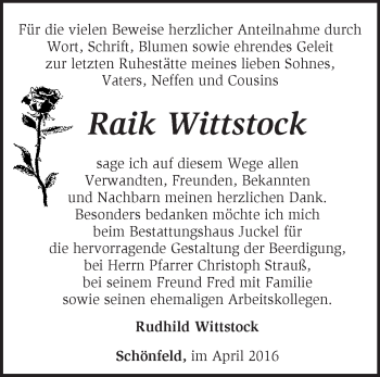 Traueranzeige von Raik Wittstock von Märkische Oderzeitung