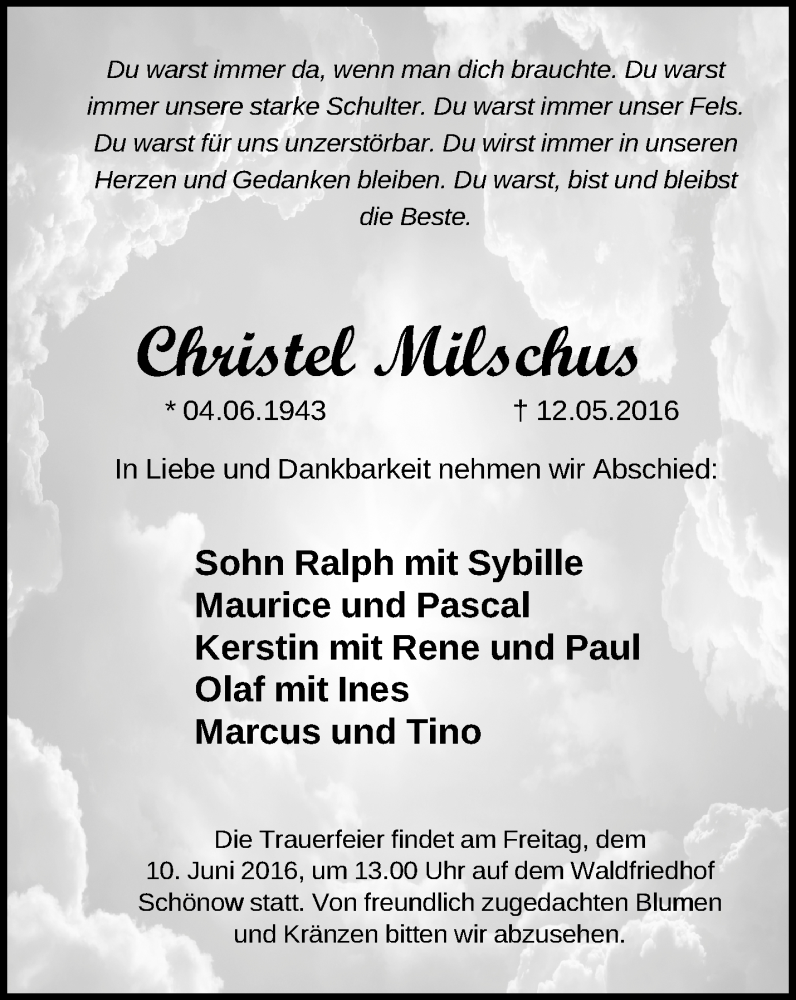  Traueranzeige für Christel Milschus vom 28.05.2016 aus Märkische Oderzeitung