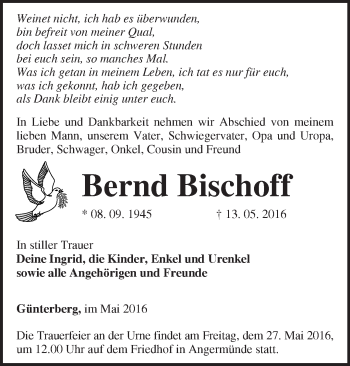 Traueranzeige von Bernd Bischoff von Märkische Oderzeitung