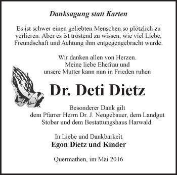 Traueranzeige von Deti Dietz von Märkische Oderzeitung