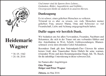 Traueranzeige von Heidemarie Wagner von Märkische Oderzeitung