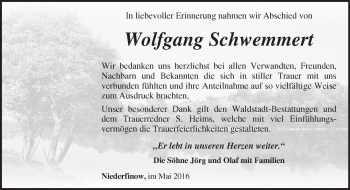 Traueranzeige von Wolfgang Schwemmert von Märkische Oderzeitung