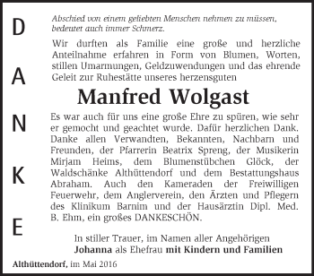 Traueranzeige von Manfred Wolgast von Märkische Oderzeitung