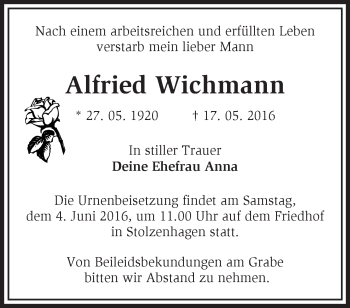 Traueranzeige von Alfried Wichmann von Märkische Oderzeitung