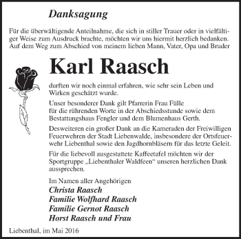 Traueranzeige von Karl Raasch von Märkische Oderzeitung